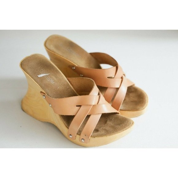 Vintage Y2K Le Chateau Nude Leather Strappy  High Heel  Wedge Sandals SZ8 - Picture 2 of 11